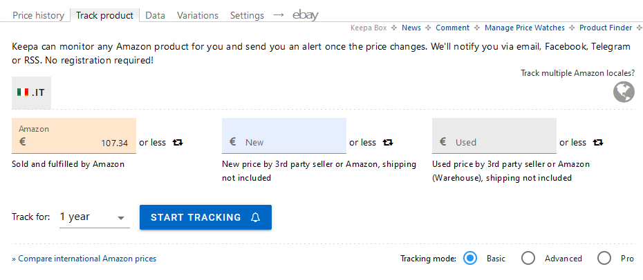 tracking alarm Keepa plugin per Amazon