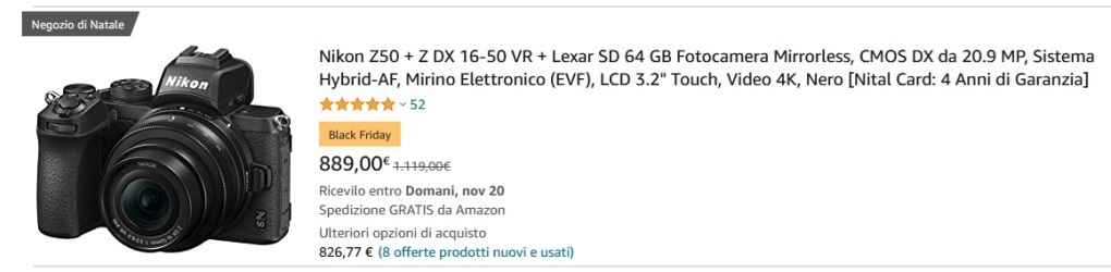 Nikon Z50 kit offerta Black Friday Amazon 2021