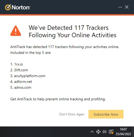 Norton antivirus trackers alert